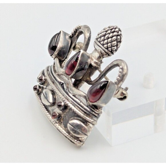 Vintage CMA 925 Sterling Silver Garnet Cabochon Crown Design Brooch Pin - Picture 2 of 7